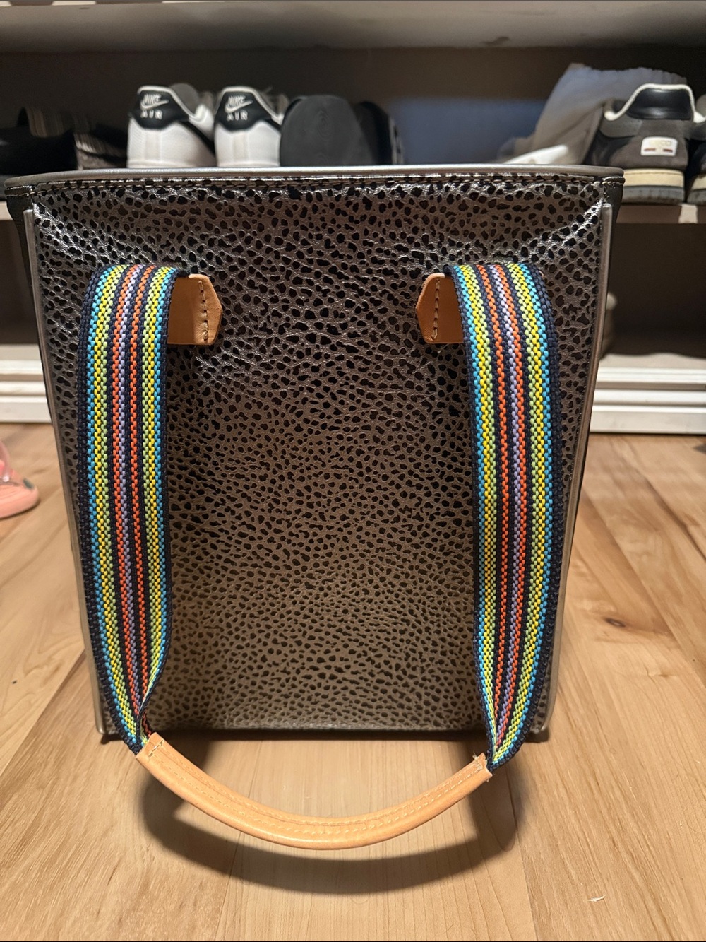 Textured Black Tote Bag with Rainbow Straps - Picture 2 of 5